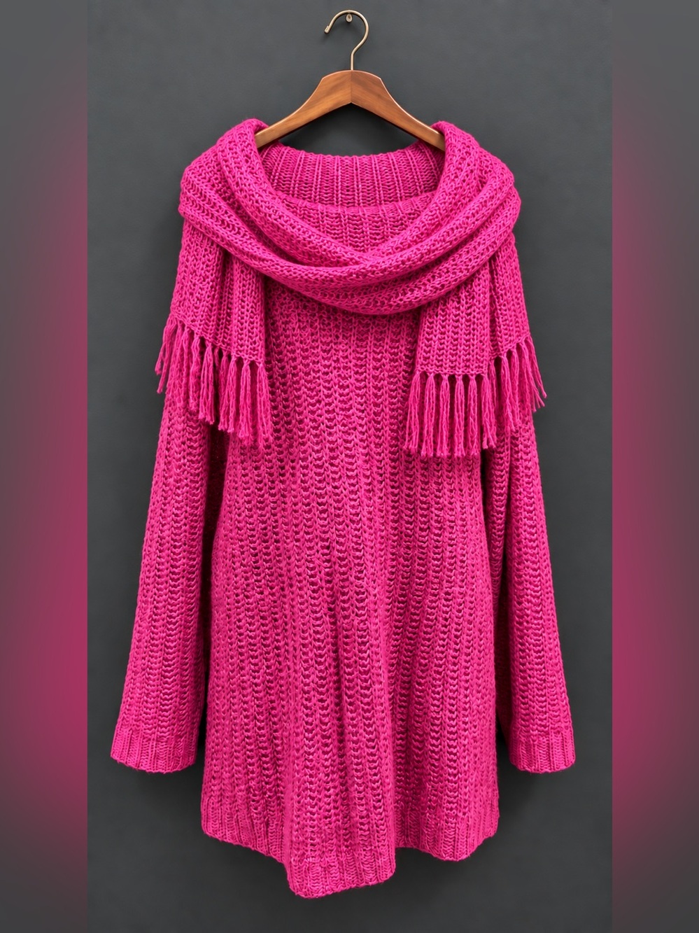 Fuchsia Fringe Cowl-Neck Tunic Sweater — Size L